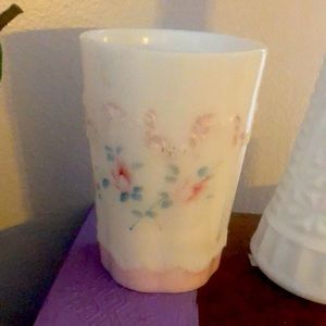 Victorian milk glass Tumbler with hand-painted roses